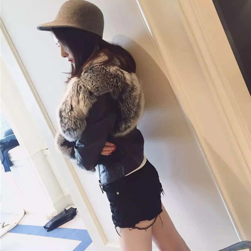 Женская кожаная куртка с воротником из искусственного лисьего меха Съемная