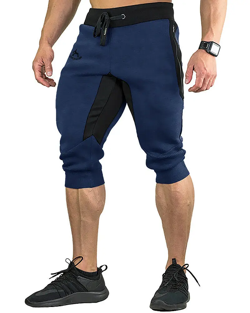 Navy blue Новые мужские летние хлопковые повседневные шорты 3/4 шорты для бега тонкие спортивные шорты ниже колена шорты для фитнеса и бега-с - Цвет: Navy blue