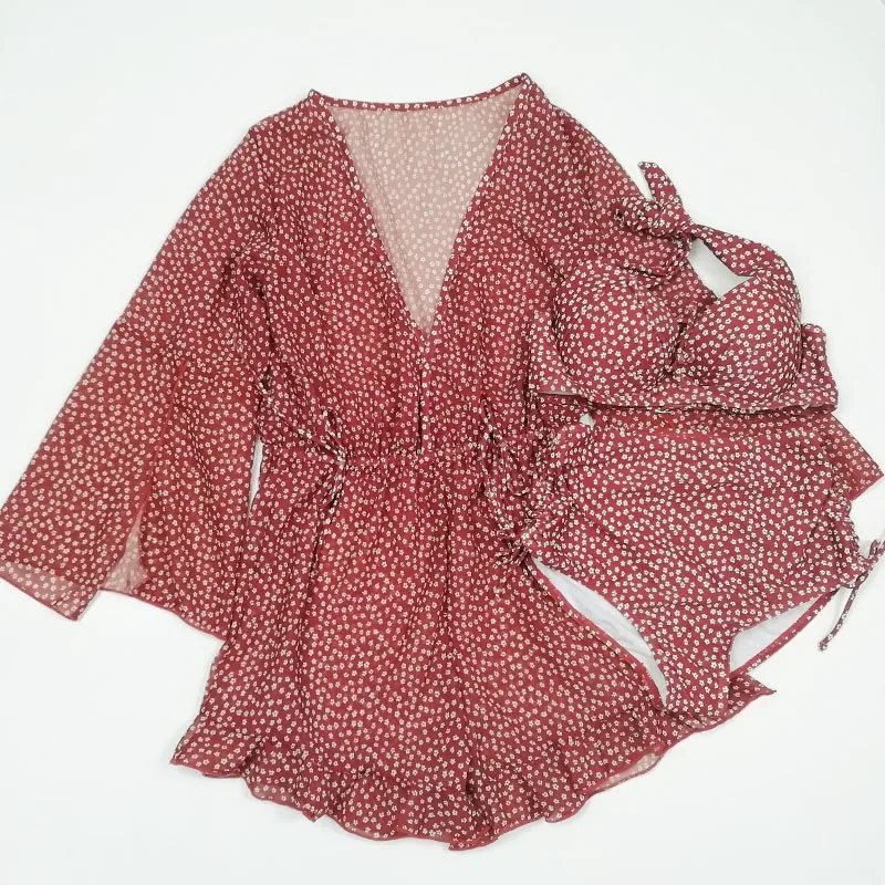 Женский комплект бикини с закрытой рубашкой красный белый цветочный костюм из