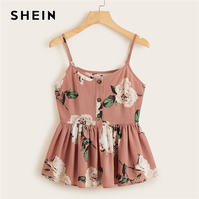SHEIN многоцветный большой цветочный гофрированный подол Cami Top для женщин Лето кнопка спереди Регулируемый Спагетти ремень без рукавов Boho милые топы