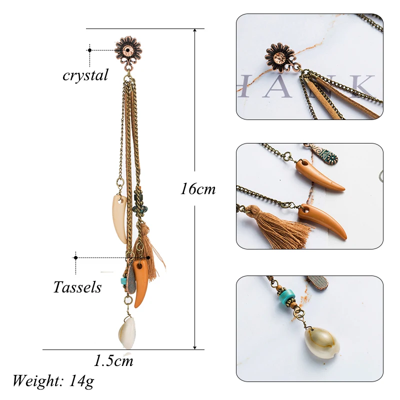Boho Этнические длинные висячие Висячие висячие серьги с кисточкой с ракушкой для женщин Модный богемный серьги ювелирные аксессуары