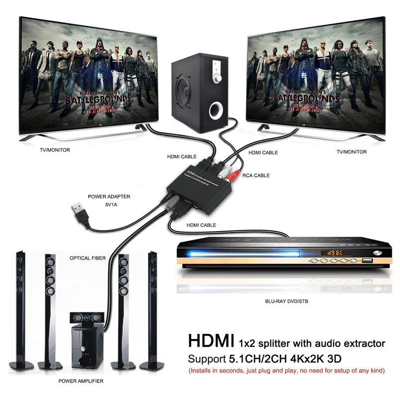 NewBEP 4K HDMI Splitter 1X2 with Audio Extractor + Optical and R/L Output Powered for Apple TV PS4 Xbox |