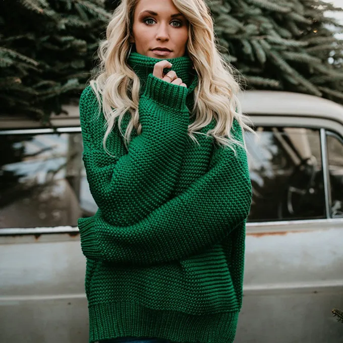 2018 Loose Sweater Mujer Autumn Winter Green Turtleneck Women Pullover Knitted Long Sleeve Sweaters and Pullovers | Женская одежда