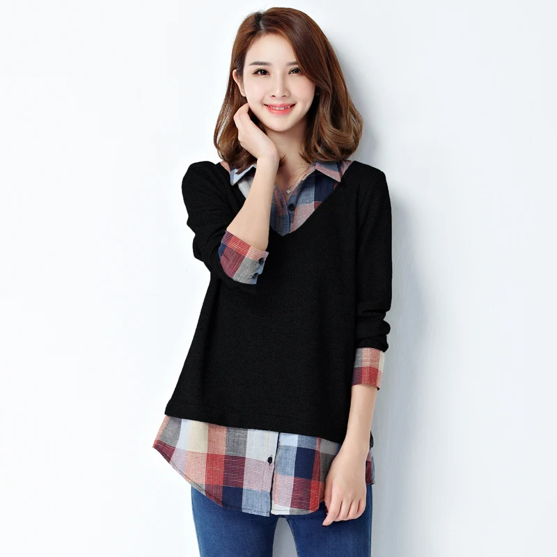 

Plus Size Women Tops and Blouses 2020 Spring Autumn Fashion Loose Turn Down Collar Long Sleeve Plaid Patchwork oversized Shirts