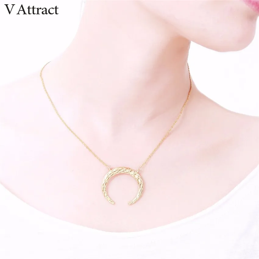 V Attract Punk Double Horn Charm Necklace Pendant Gold Silver Bohemian Jewellery Stainless Steel Chain Long Neckalces For Women|kolye bayan|tattoo