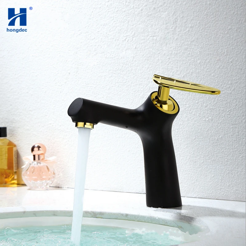 

Hongdec Modern design Deck Mount Brass Gold and black Basin sink Mixer Faucet Tap