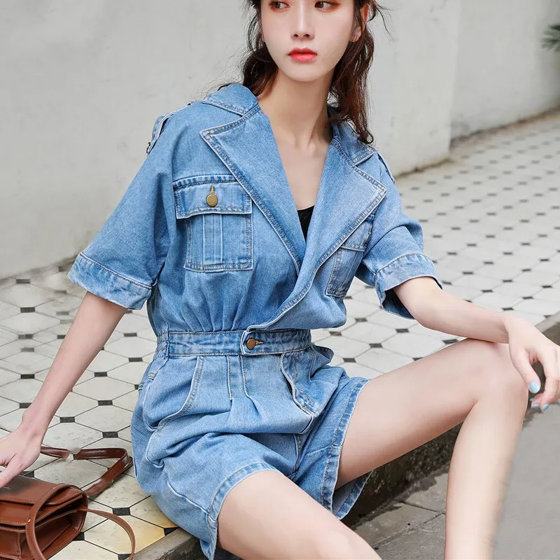 Модная уличная одежда джинсовый комбинезон с карманами женские эластичные шорты