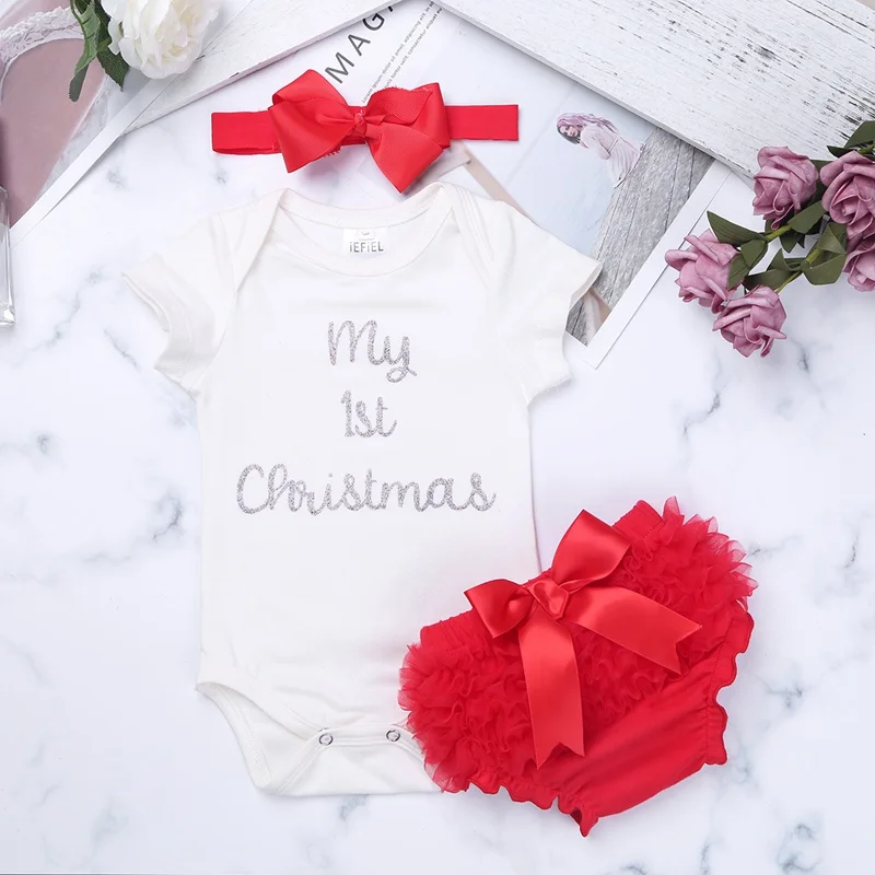 Новогодний костюм для маленьких девочек из 3 предметов одежда с принтом «My 1st Christmas» комбинезон с короткими рукавами+ шаровары+ повязка на голову, Одежда для новорожденных девочек