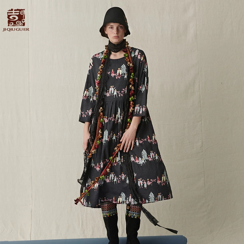 Jiqiuguer Для женщин осень Повседневное цветочный Vestidos печати o образным вырезом плюс