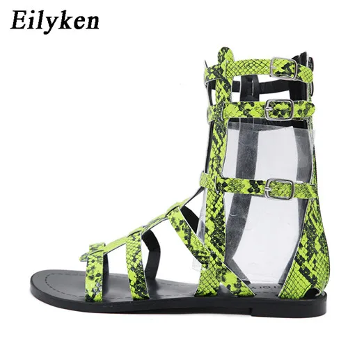 Green Eilyken/Новинка года; женские сандалии-гладиаторы на молнии в римском стиле; Змеиный цвет; зеленые сандалии на плоской подошве; сандалии для отдыха с открытым носком - Цвет: Green