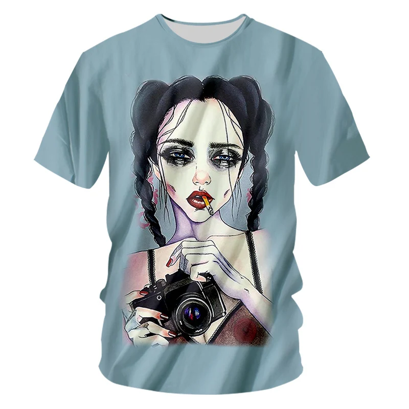 

OGKB Summer Tops Funny Print Smoking Camera Girl 3D T-shirts For Men/women Hiphop Streetwear O Neck Short Sleeve Tee Shirt Homme