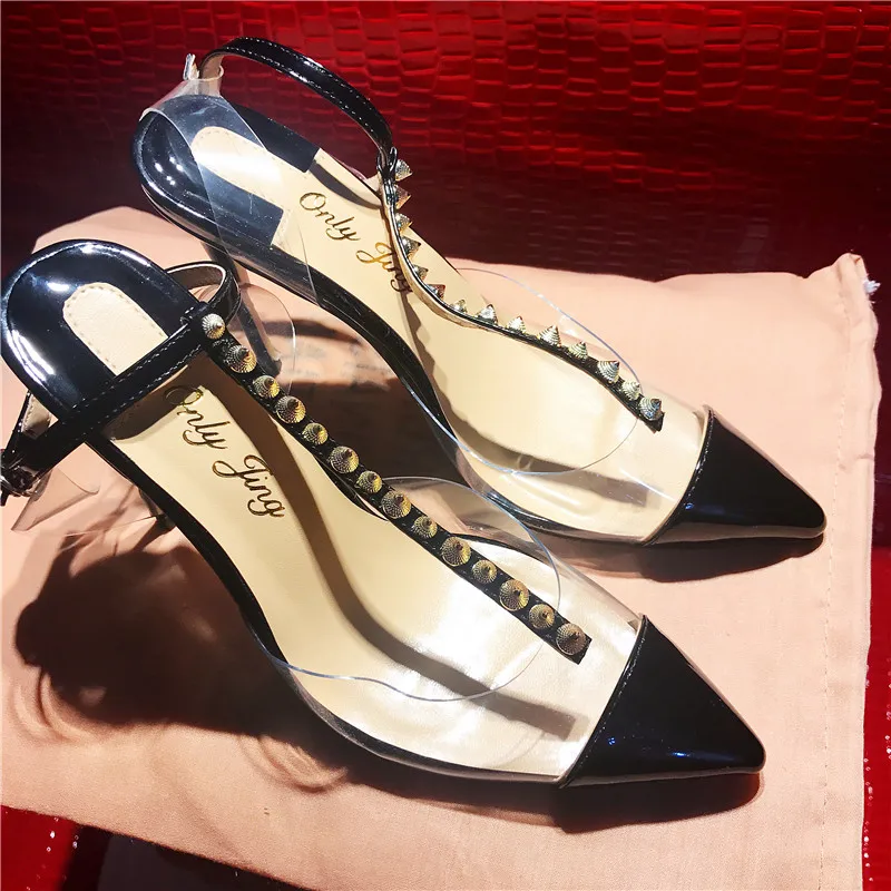 

Free shipping fashion women Pumps Black patent leather spikes t-strap high heels ankle strappy sandals shoes 10cm 12cm 8cm