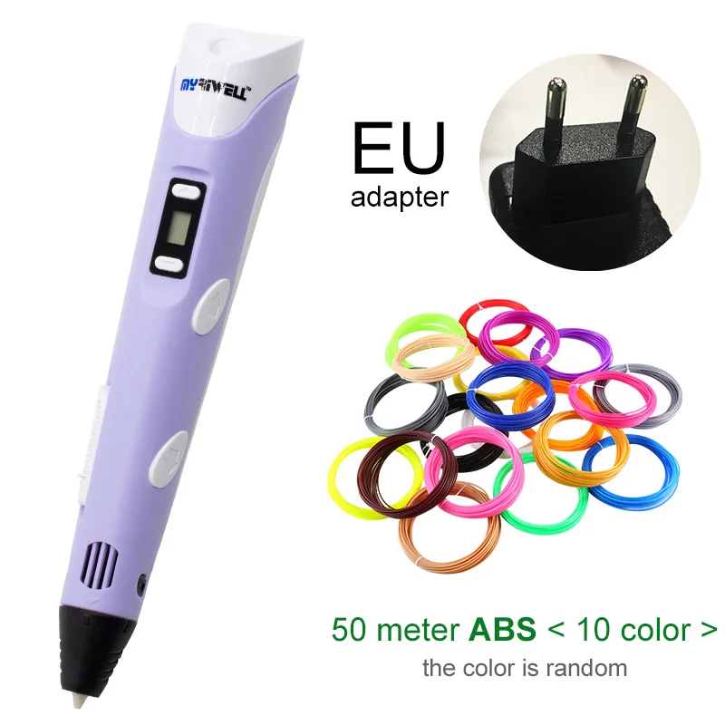 Myriwell, 3D Ручка, сделай сам, 3d принтер, ручка для рисования, 3d печать, лучшая для детей, с ABS нитью, 1,75 мм, подарок на Рождество, день рождения - Цвет: Purple EU-50m ABS