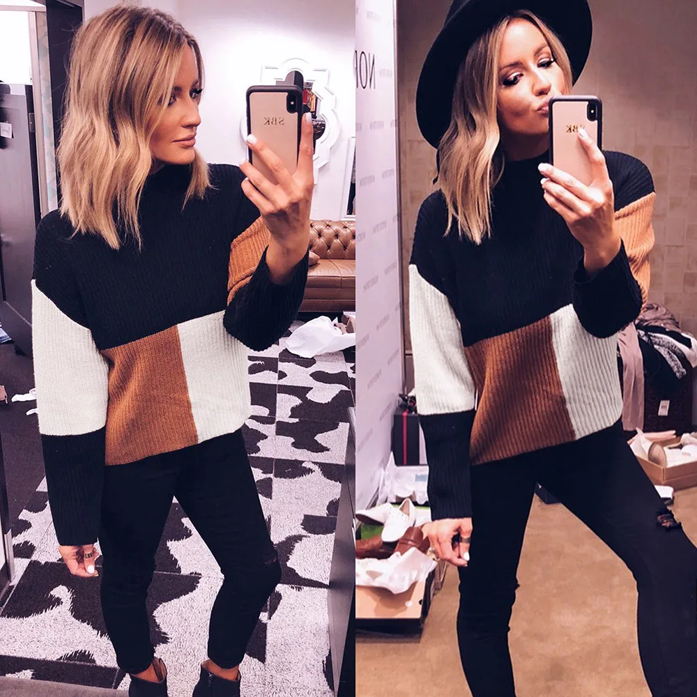 Fashion Slim Femme Elasticity Pullovers Women Colorblock Stand Long Sleeve Knitted Sweater Jumper Pullover Top Blouse | Женская одежда