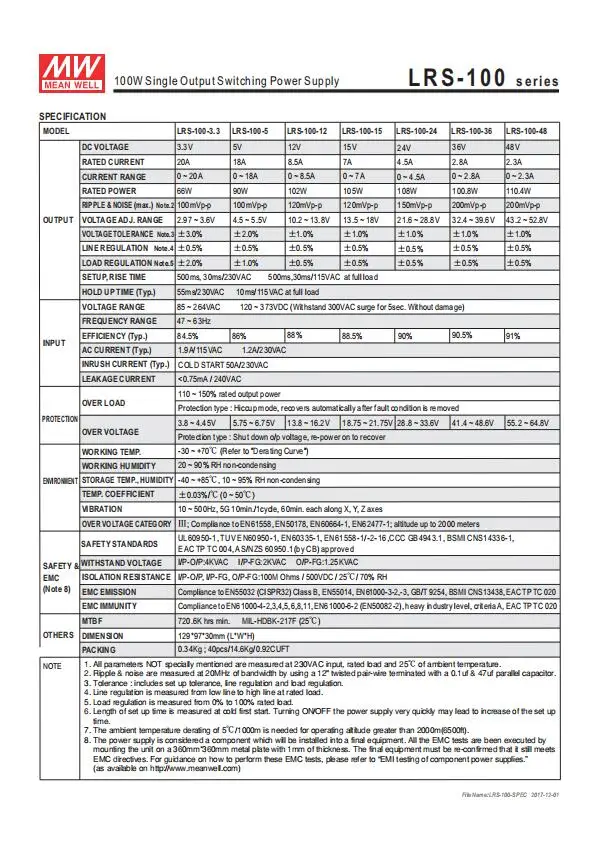 Бренд MEAN WELL представляет LRS-35 50 75 100 W 3,3 V 5V 12V 15V 24V 36V 48 V meanwell LRS-100 3,3 до 5 лет, 12 предметов в упаковке 15 24 36 48 V 100 W импульсный источник Питание