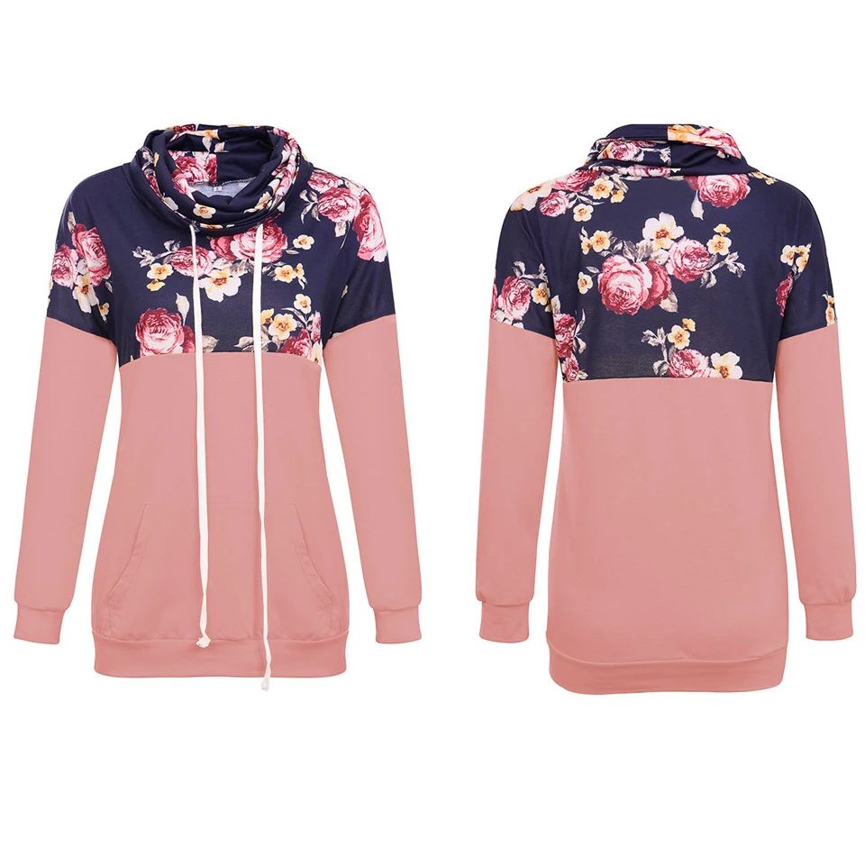 

Turtleneck Sweatshirt Cute Pink Lace Up Drawstring Hoodie Yellow Poleron Mujer 2021 Casual Vintage Floral Hoodie Patchwork Women