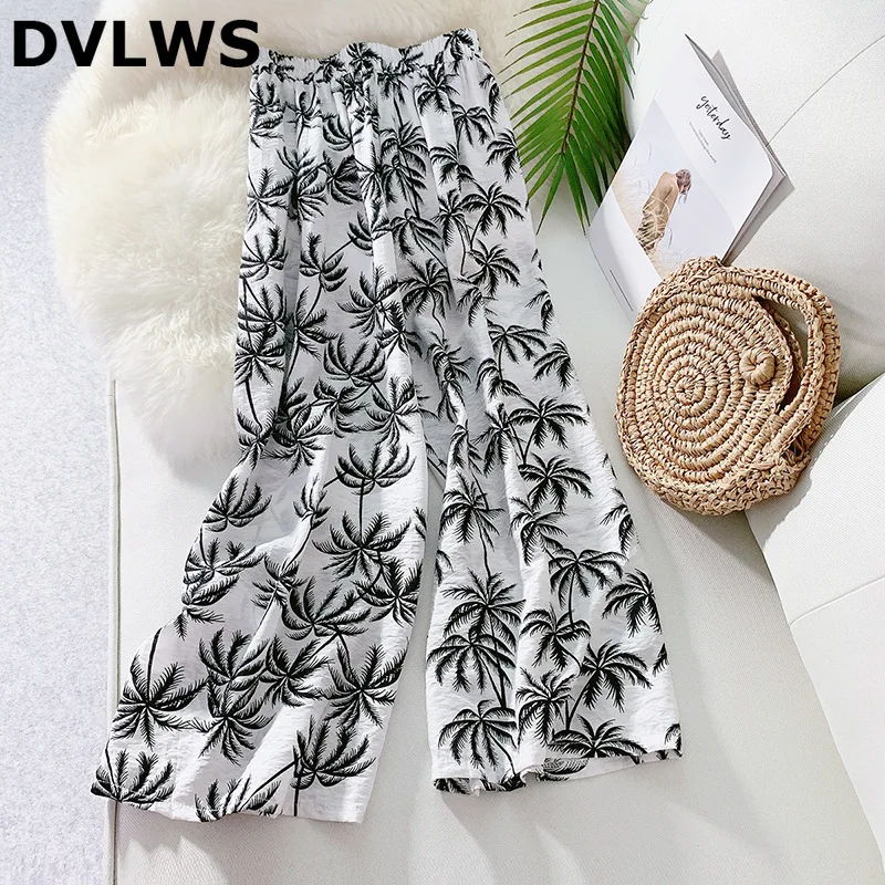 Летние Осенние тропические с принтом Lobe leaf широкие брюки женские праздничные