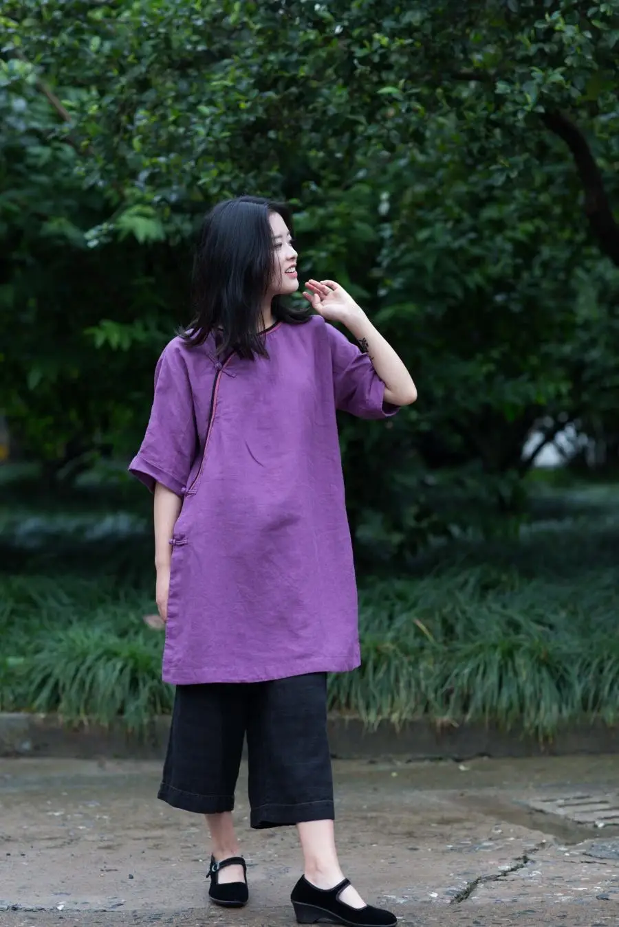 Spring Summer Tea Zen National Style Clothing Half Sleeve Retro Plate Button Shirt Loose Linen Ramie Purple |