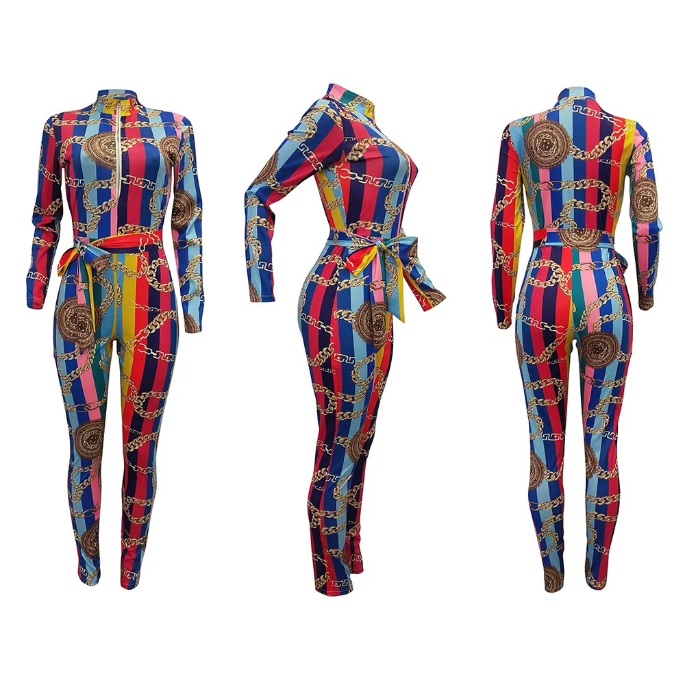 Женский комбинезон на молнии с поясом и винтажным принтом облегающие вечерние