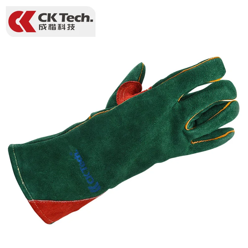 CK Tech. зеленые перчатки сварщика Корова Сплит кожа утолщенные огнеупорные сварочные работы защитные перчатки термостойкие