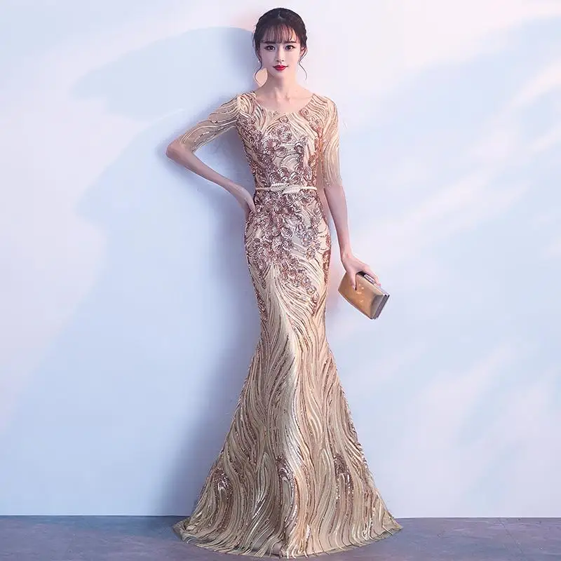 Женские вечерние платья Cheongsam, Восточное женское платье, модное, в китайском стиле, элегантное, длинное, Qipao, роскошное, свадебное платье, Vestido S-XXL - Цвет: Золотой