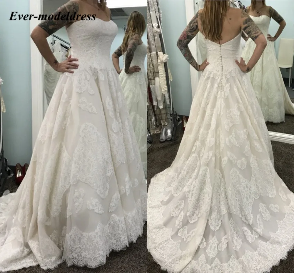 

Vestidos De Noiva 2019 Wedding Dress Lace Sweetheart Button Back A-Line Bride Gowns Sweep Train Customized Robe De Mariee Cheap