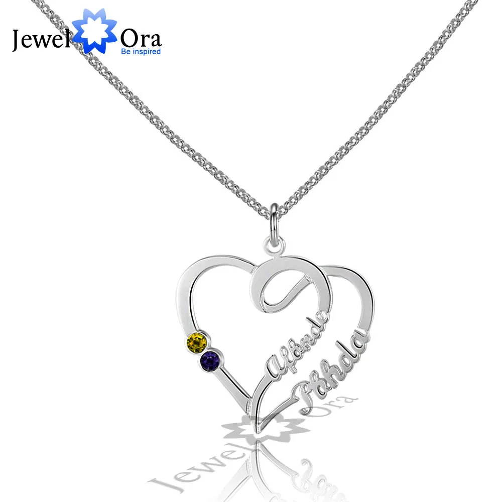 

Double Heart DIY Birthstone Necklace Personalized 925 Sterling Silver Heart Shape Name Necklace Lovers Gift (JewelOra NE101589)