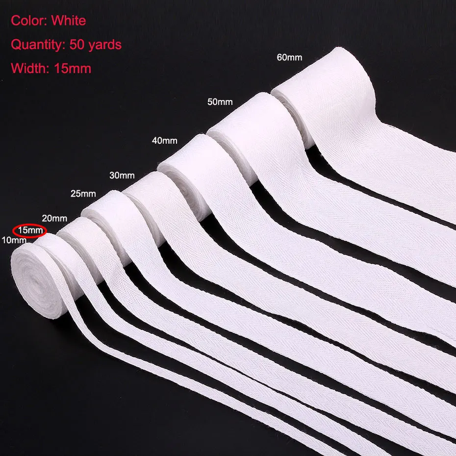 White 15mm 50 ярдов белая саржевая хлопковая тесьма смещение для сумки домашний текстиль ручной работы ремесло 10 мм/15 мм/20 мм/25 мм/30 мм/40 мм/50 мм/60 мм ширина - Цвет: White 15mm
