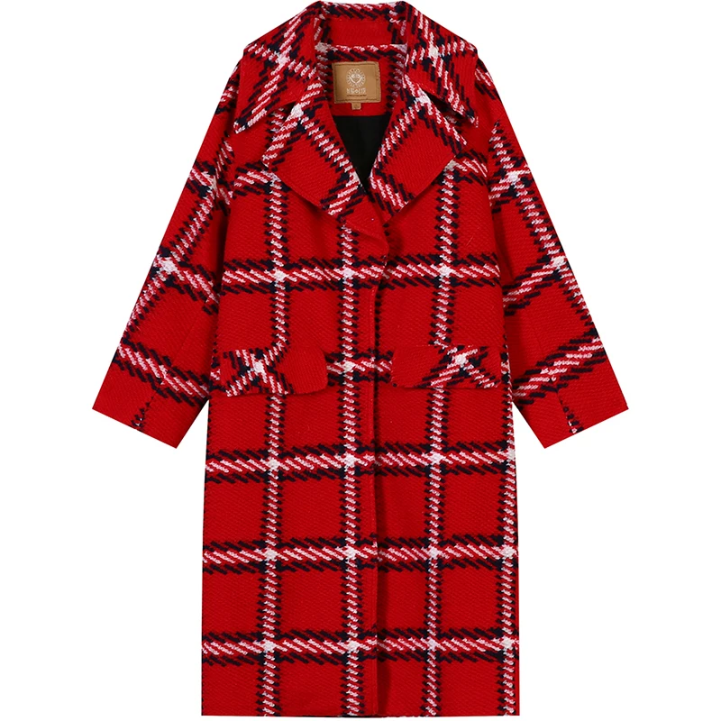 Женское длинное пальто ELFSACK клетчатое теплое шерстяное в английском стиле на