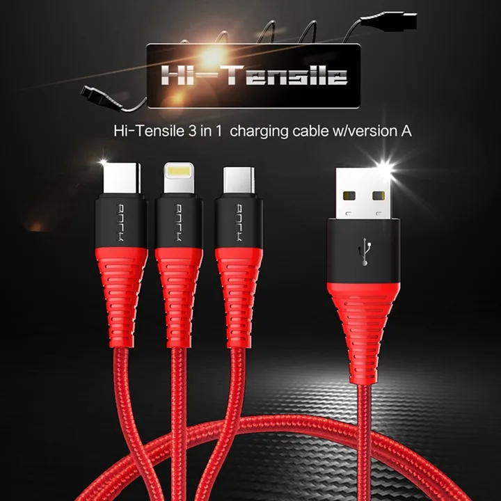 3 в 1 высокопрочный usb type C Micro USB и зарядный кабель для iPhone, ROCK Phone кабель для iPhone зарядное устройство usb-c шнур провод