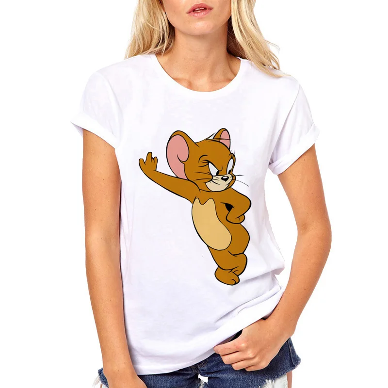 2019 летние женские белые футболки с принтом мышки и кота Женские повседневные