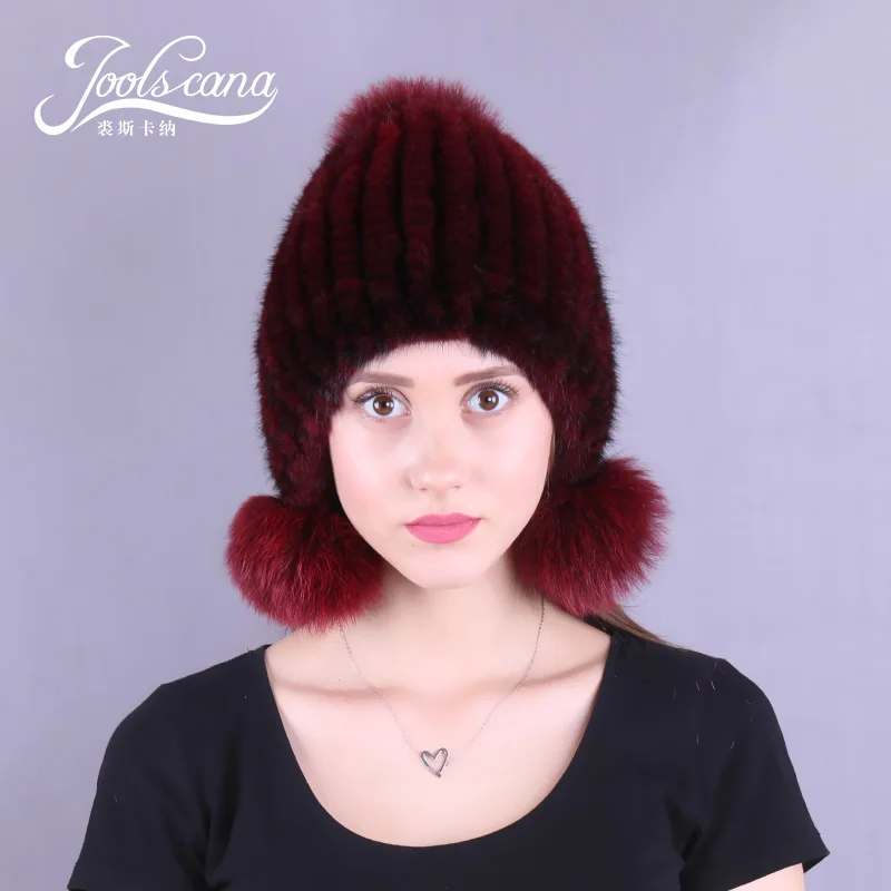 Зимние шапки JOOLSCANA для женщин, меховая шапка с помпоном, женская шапка, русская Меховая кепка, зимняя шапка из натурального меха норки, вязаные шапки с лисьим помпоном - Цвет: colour3