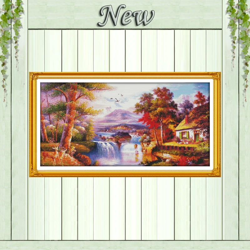 Набор для вышивки крестиком Lakeside коттедж Фолз Золотой пейзаж рассчитанный принт