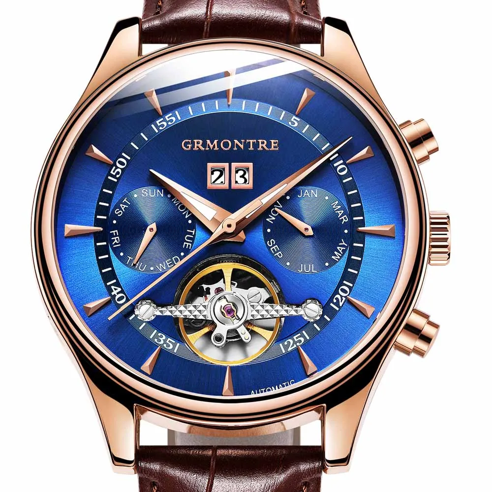 Брендовые мужские часы автоматические механические часы Tourbillon спортивные часы кожаные повседневные деловые часы в ретро-стиле Relojes Hombre - Цвет: Rose Gold  Blue
