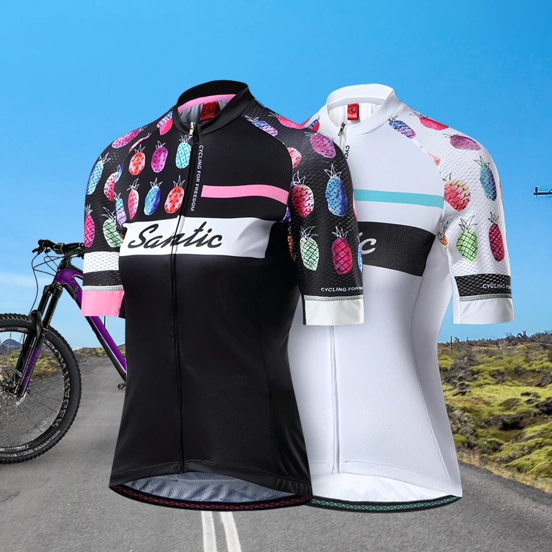 Женская велосипедная рубашка Santic черная и белая футболка с коротким рукавом