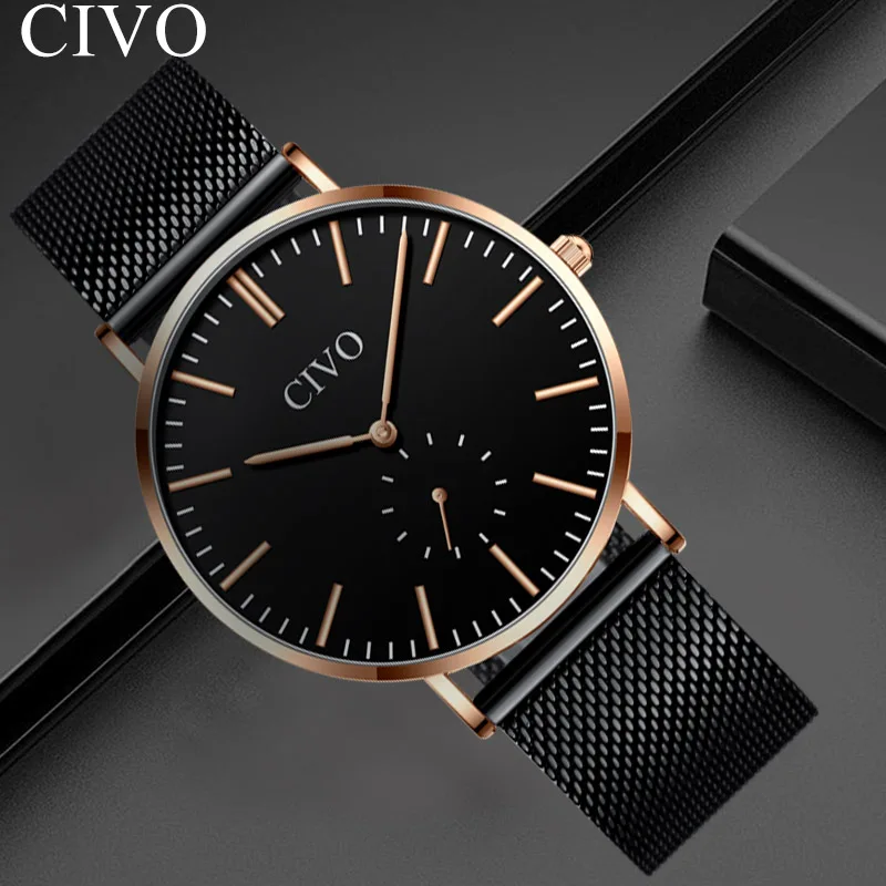 Мужские наручные часы CIVO спортивные водонепроницаемые кварцевые с сеткой синие