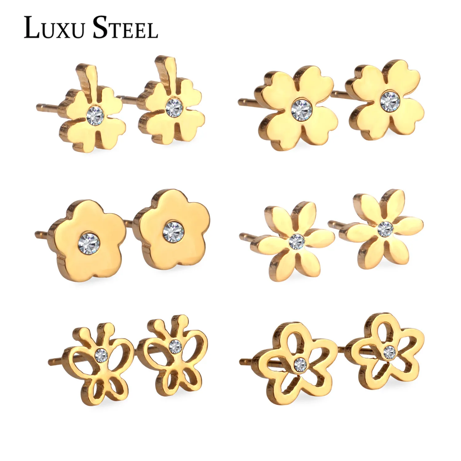 Комплект серег гвоздиков из нержавеющей стали с фианитом|fashion stud earrings|stud