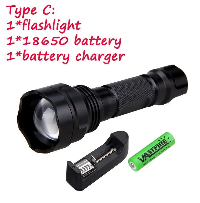 Охотничий с приближением светло-зеленый Тактический T6 фонарик 5 режимов фонарь с прицелом+ 18650 батарея+ зарядное устройство+ переключатель давления - Цвет: Package C
