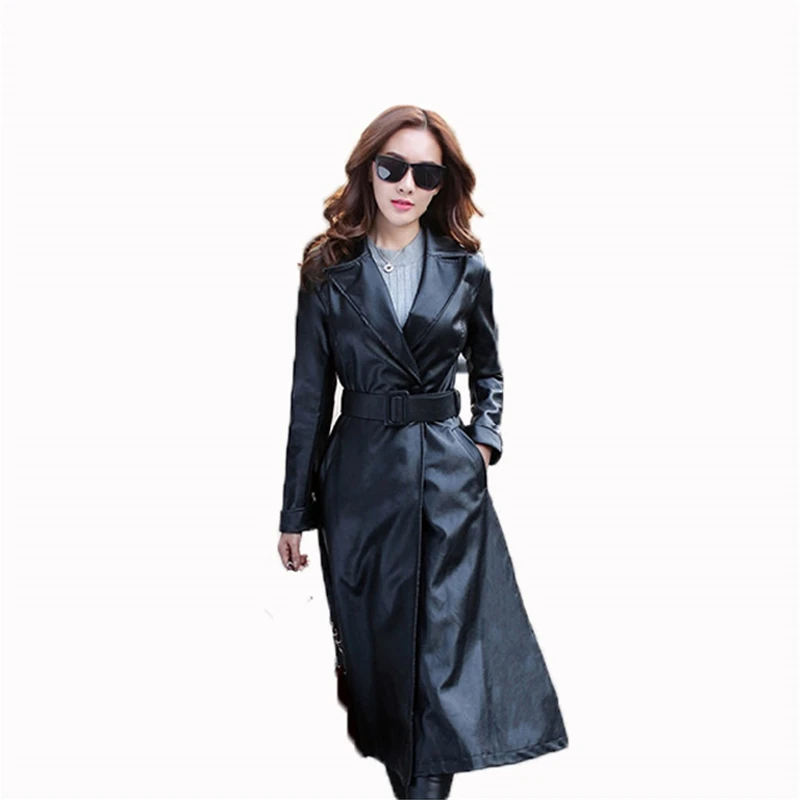 Spring Autumn Women's leather Coats Casual Large Size Women Long Coats Elegant Quality Female Leather Trench Coat FC107