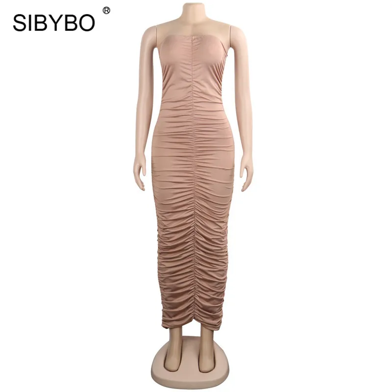 Хаки Sibybo Плиссированное осеннее длинное платье без бретелек, женское сексуальное облегающее платье с открытыми плечами и открытой спиной, Клубные вечерние платья макси для женщин - Цвет: Хаки