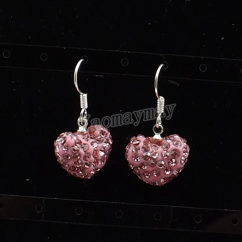 

10 Pairs Pink Heart Shape Crystal Drop Earrings Silver Plated Earring Hooks Free Shipping