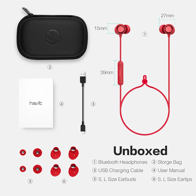 HAVIT Bluetooth Headset Sweatproof IPX5 Waterproof V4.2 Magnetic Earphones With Microphone 10 Hours Playtime I39 Sport Earbuds |