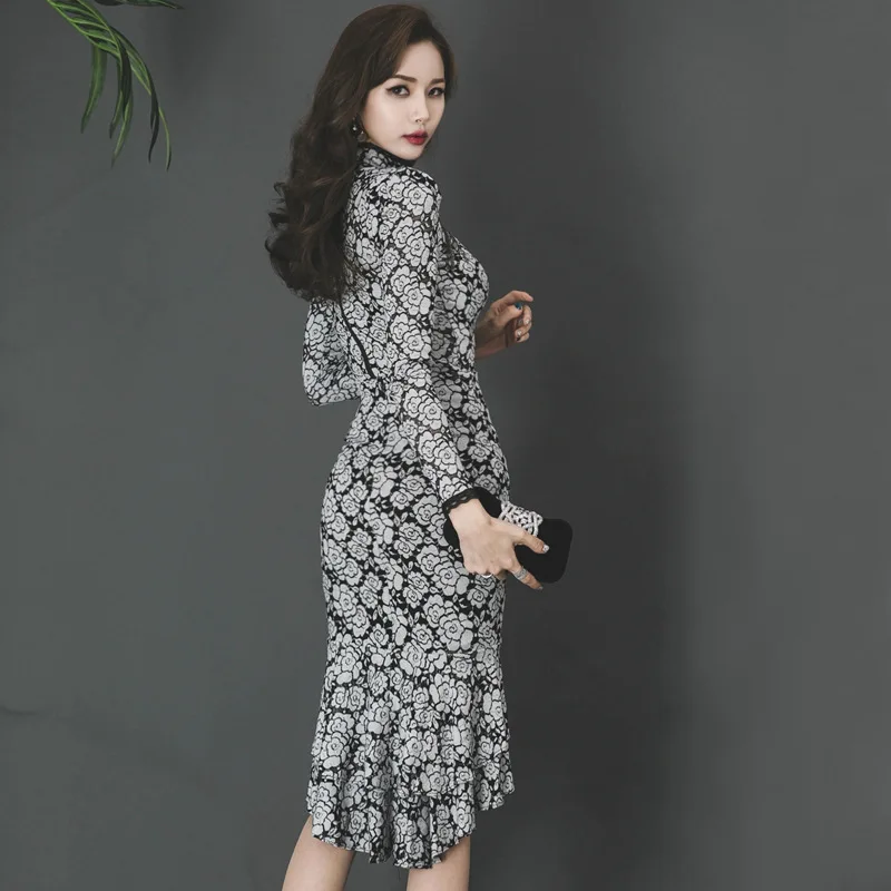 Плюс размер асимметричное женское платье осеннее черное с принтом и длинным