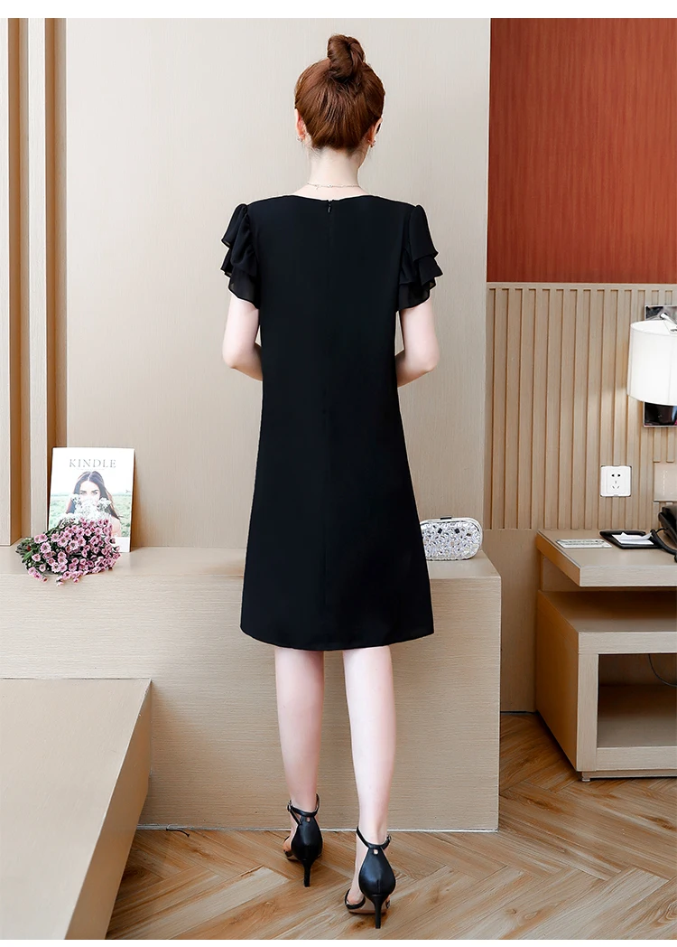 L-5xl Plus Size Elegant Beading Chiffon Dress Women Summer Fashion Short Butterfly Sleeve V-neck Tunic A-line Dresses Robe Femme | Женская