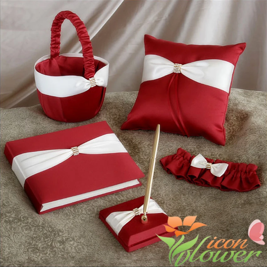 5 шт./компл. Красное Атласное свадебное кольцо с кристаллами подушка гостевая