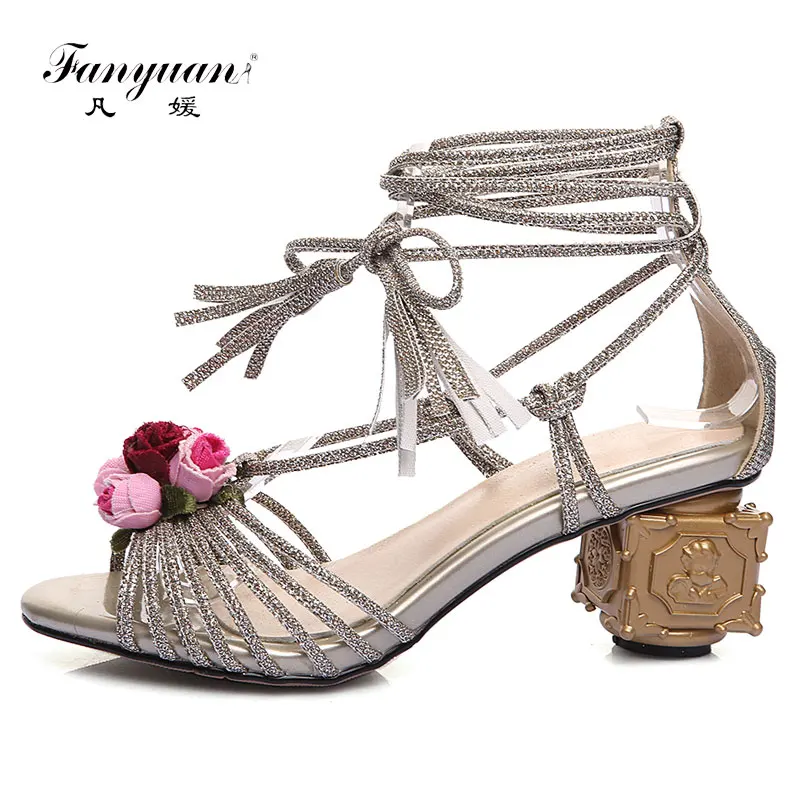

Fanyuan Genuine Leather Retro Floral Sandals Shoes Women Sexy Cross-tied Sandals Strange Style Elegant Party Wear Sandals Mujer