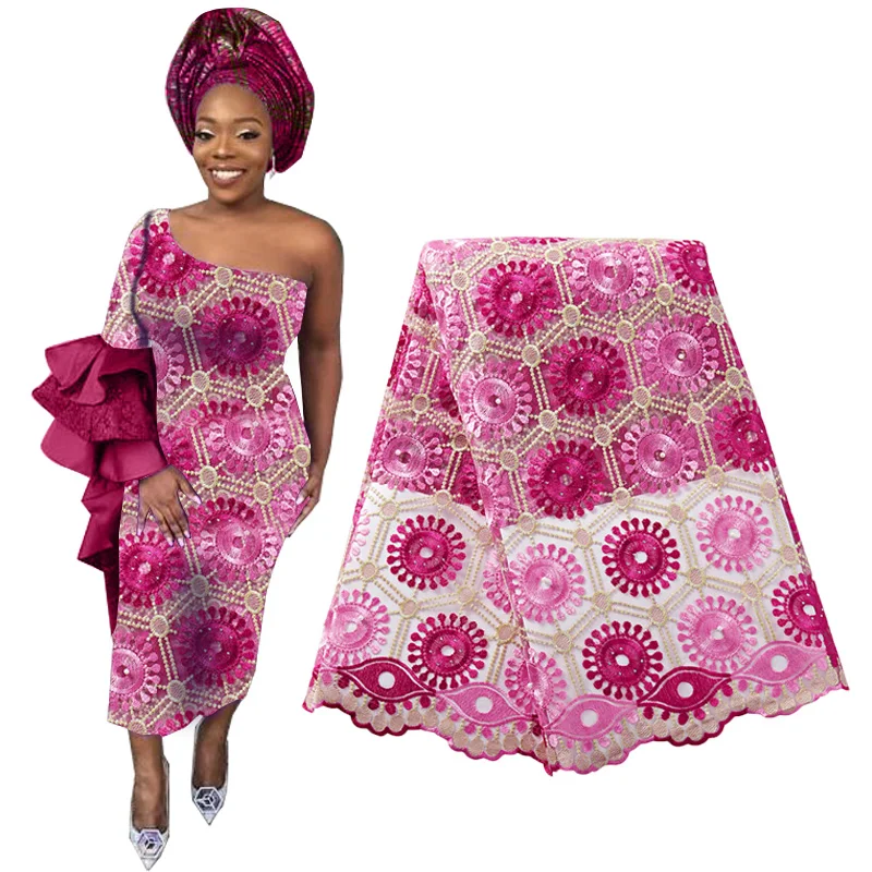 Кружевная ткань Aso Oke Gele французская вуаль с цветочной вышивкой шарф для головы