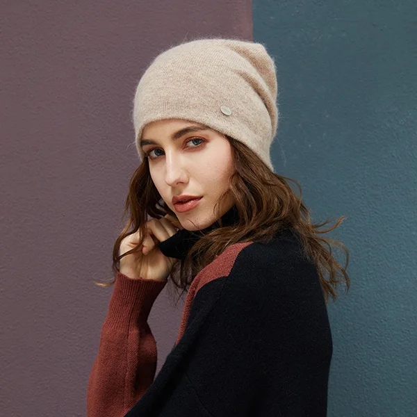 Khaki Female Beanies Rabbit Hair Winter Hats For Women Casual Autumn Knitted Beanie Girls New Fashion High Quality Soft Wool Hat - Color: Khaki