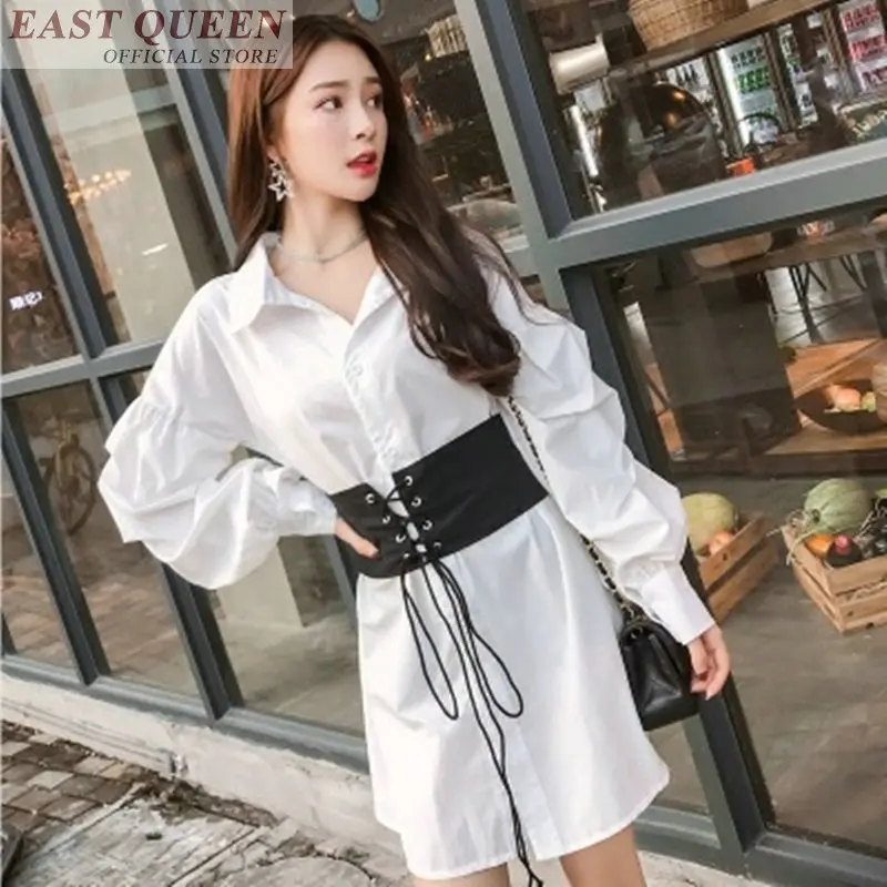 Women blouse  office lady body shirt  button slim solid full sleeve turn-down collar feminine casual shirts belt tops DD588 L