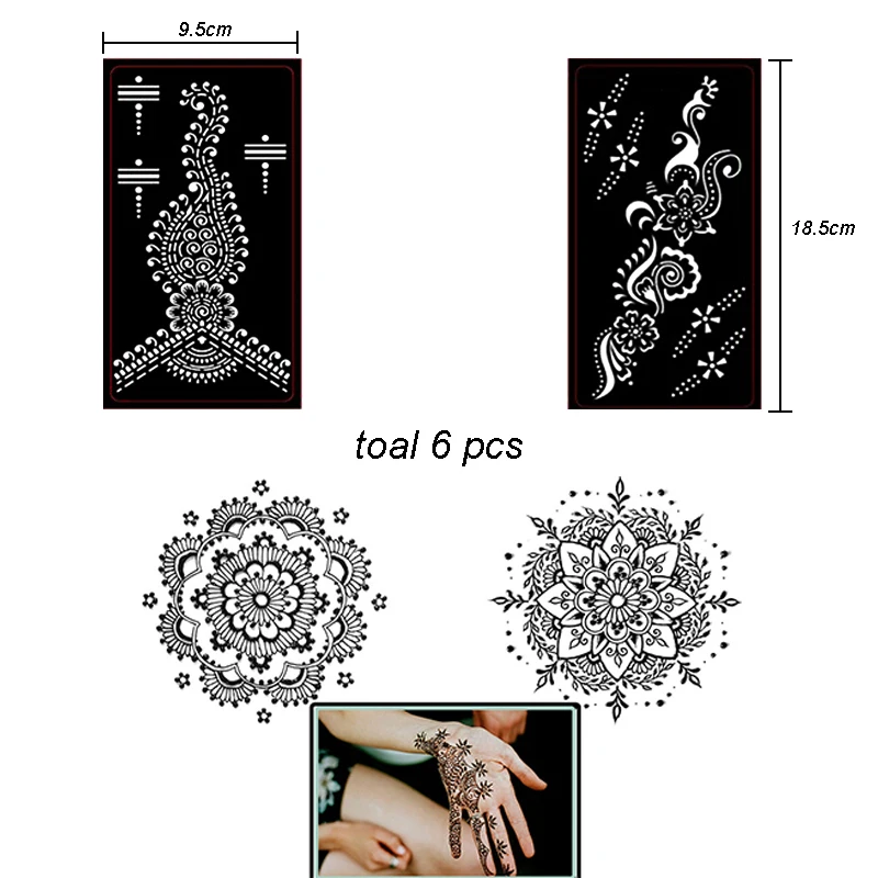 6pcs/Set Henna Tattoo Stencil Mehndi Aribrush Templates for Women Body Paint Indian Tattoo Stickers New Designs Kit 6 Patterns